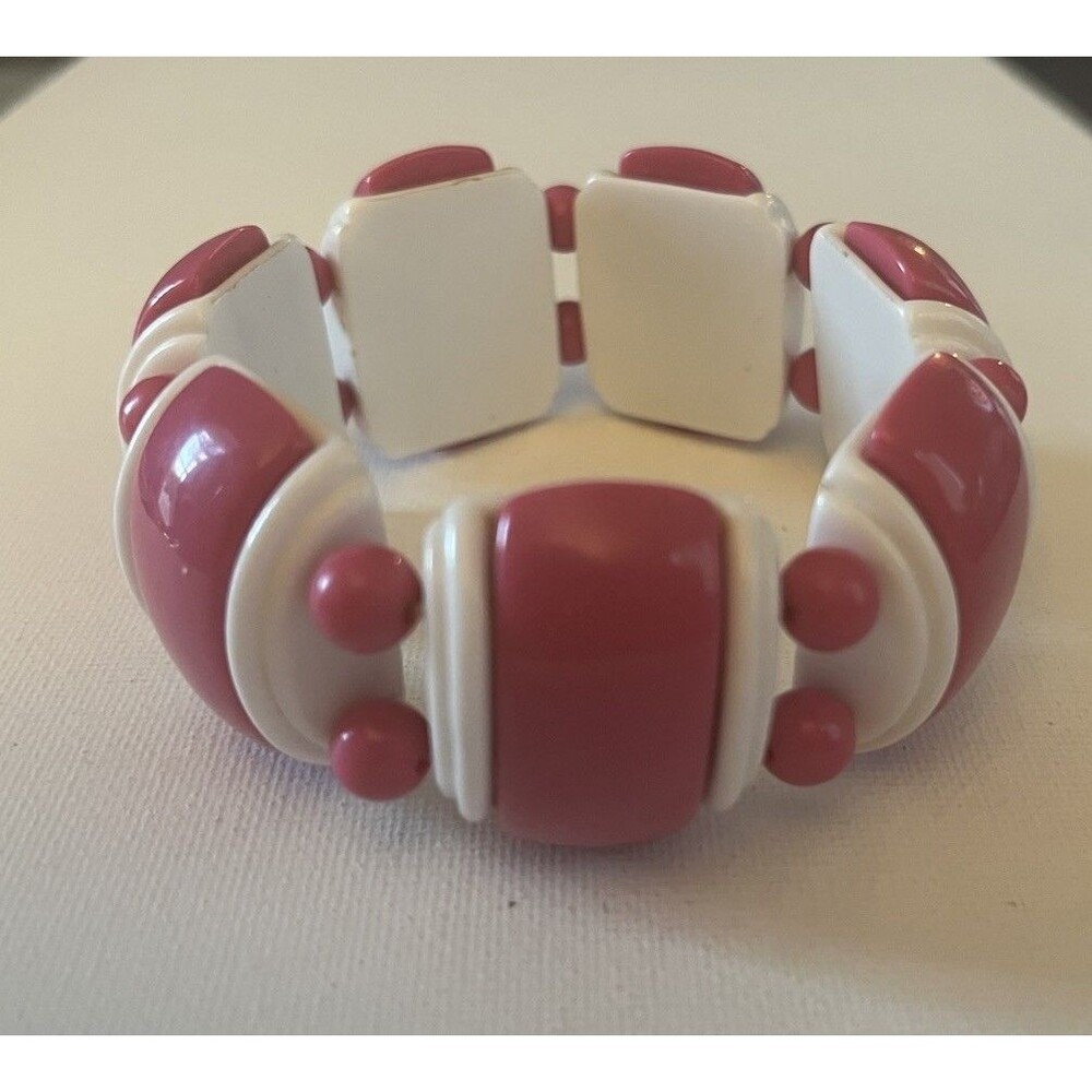 Chunky Pink And White Plastic Statement Bracelet Stretch Boho Y2K Retro